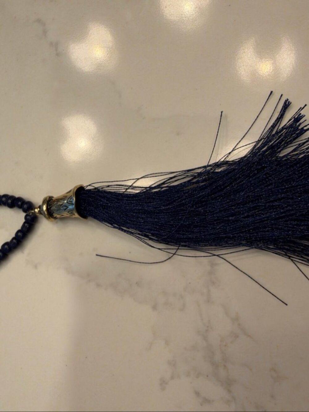 Navy Beaded Tassel Necklace — Long Beaded Chain with Tassel Pendant